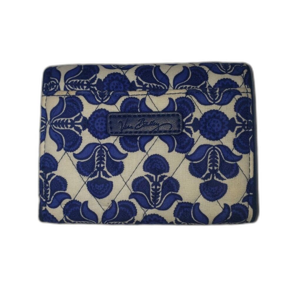 Vera Bradley Trifold Wallet Petite Colbalt Tile Blue and White Quilted Cotton - Picture 2 of 4